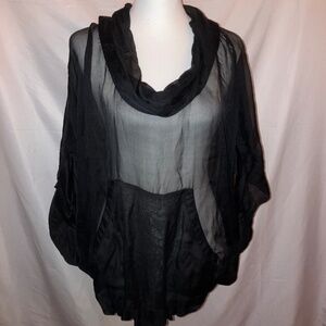 L.A.M.B. Black Sheer Drawstring Hem Hoodie Blouse